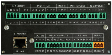 Terminal block of the FP-3011 thermal energy calculator in panel version